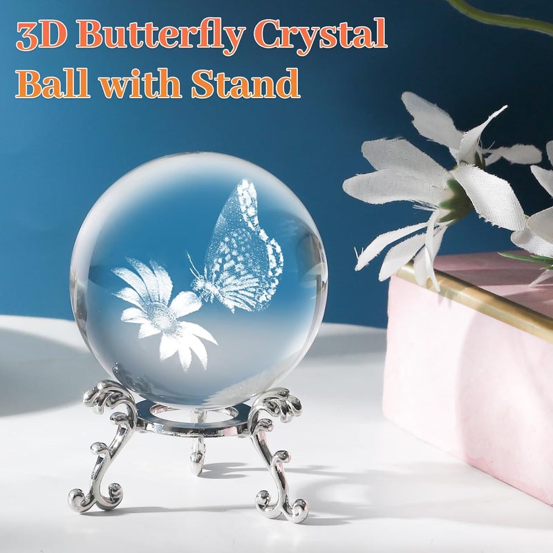 PYJ3DLAMP كرة كريستال فراشة ثلاثية الأبعاد مع قاعدة زجاجية محفورة بالليزر كهدية زخرفية للفراشة - Image 4